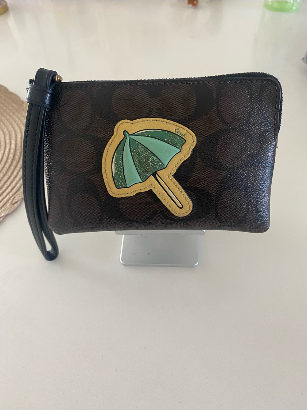 Coach Brown Signature Canvas Wristlet with Green Umbrella Patch
